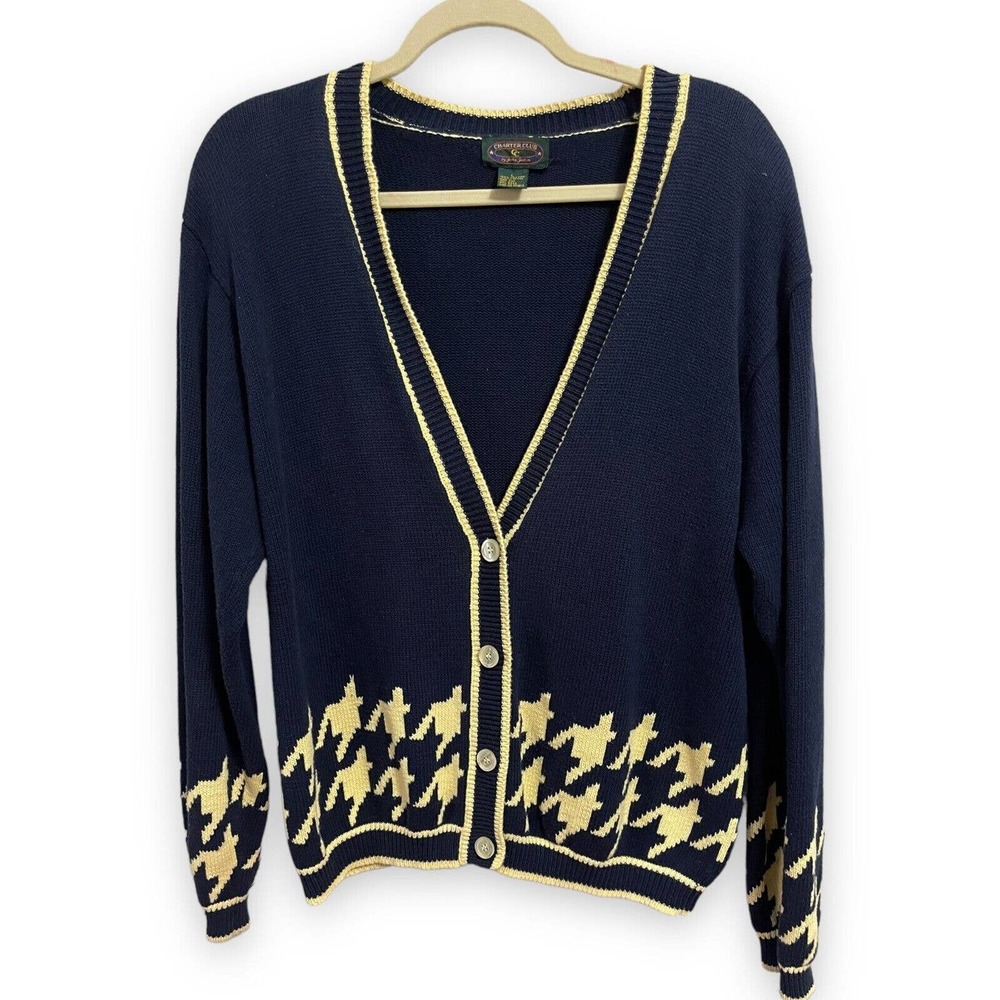 Charter Club Cardigan Sweater Womens Navy Dark Academia Houndstooth Button Front